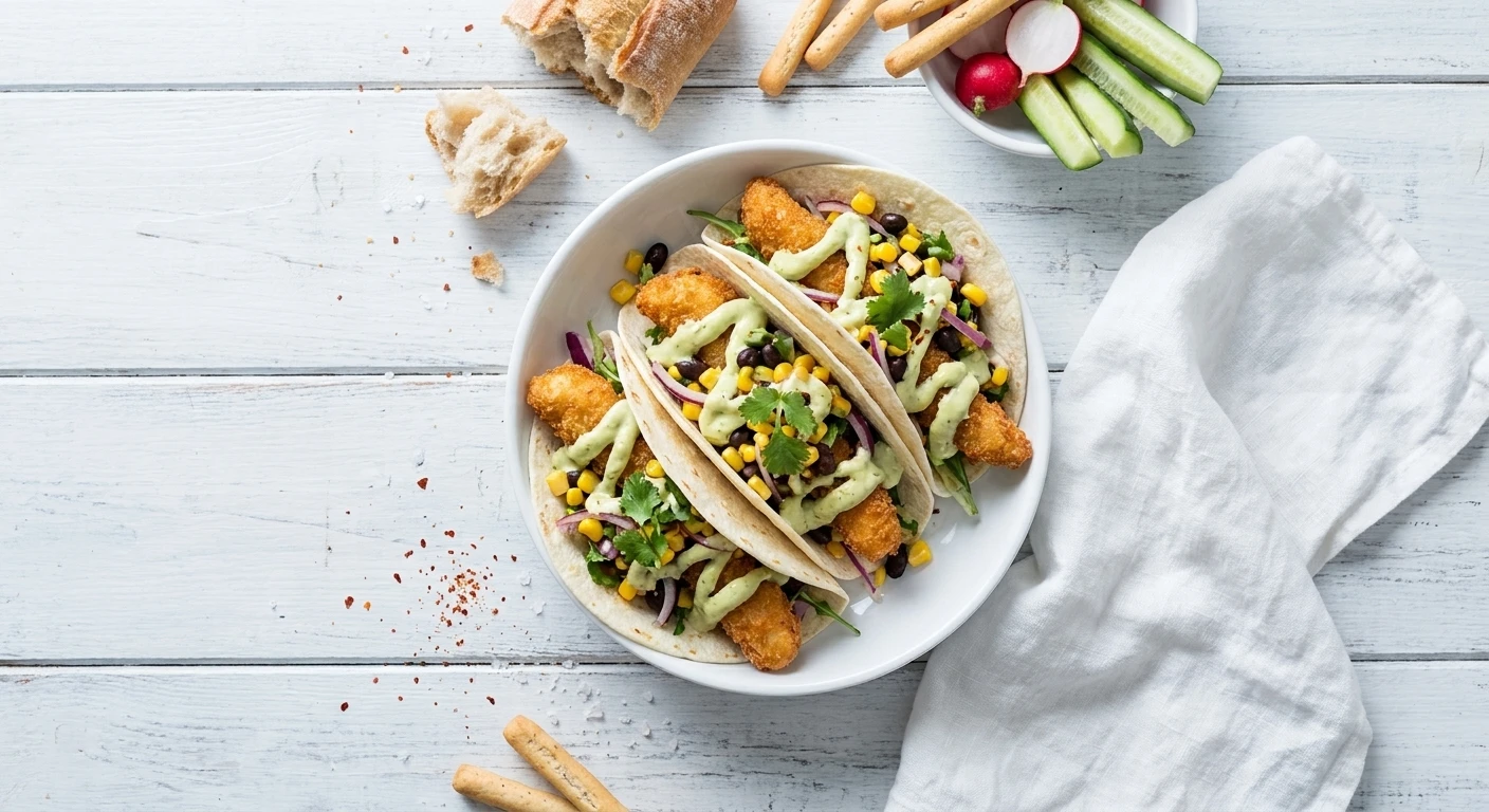 Taco met goujonettes van schartong, avocadomayonaise en Mexicaanse sla