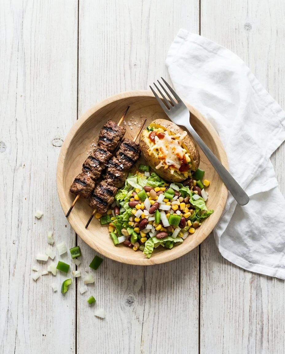 Tex-mex rundsbrochette met gevulde aardappel en Mexicaanse salade