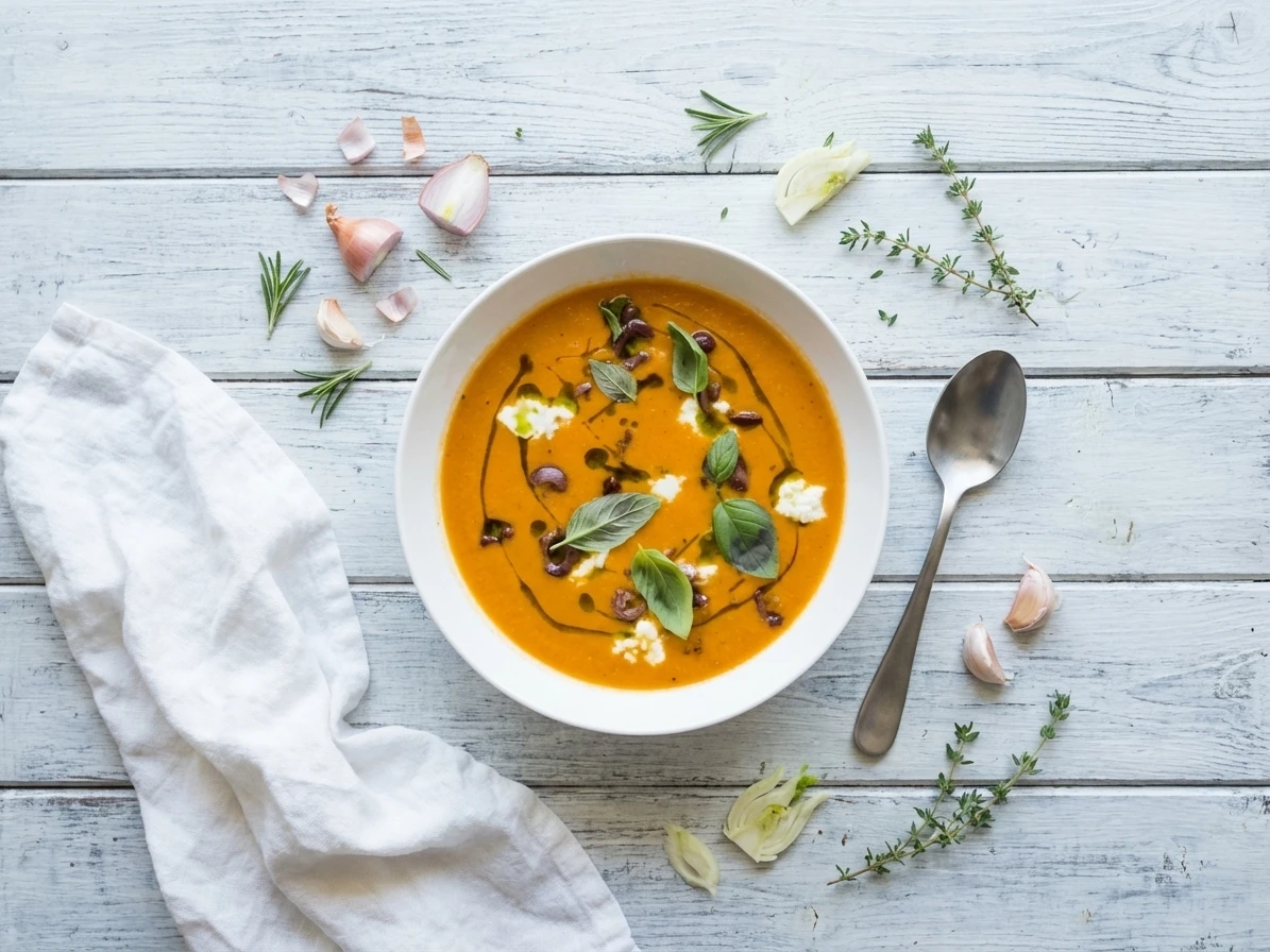 Tomatensoep met venkel, basilicum en geitenkaas