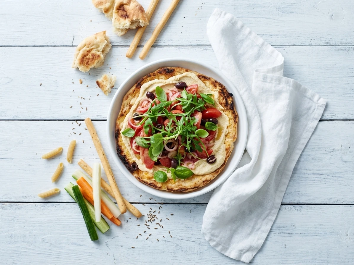 Turks brood met hummus en salade van tomaat