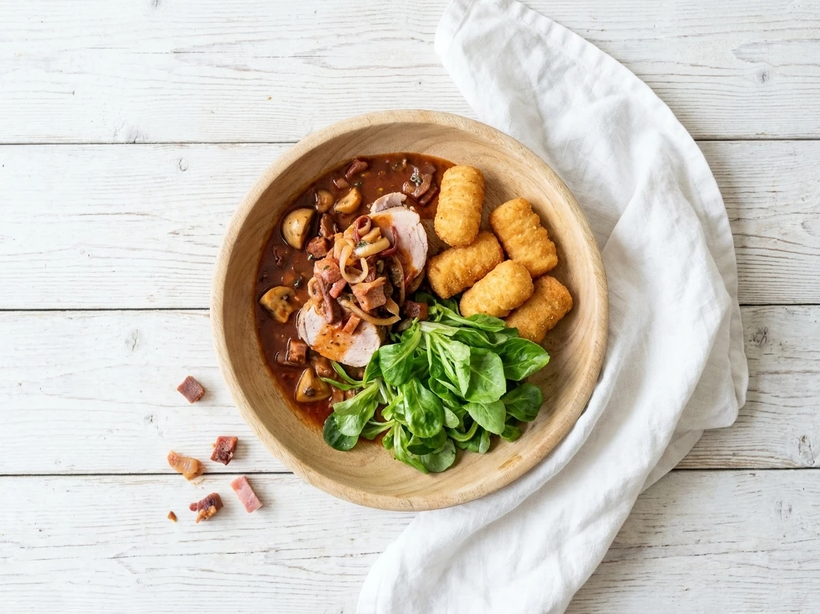 Varkenshaasje ‘zingara’ met kroketten en veldsla