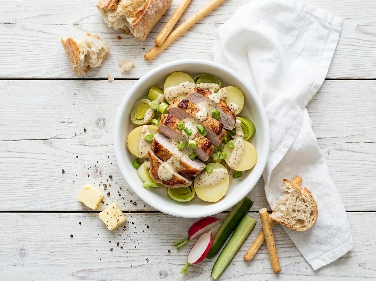 Varkenskotelet met prei, mosterdvinaigrette en aardappelschijfjes