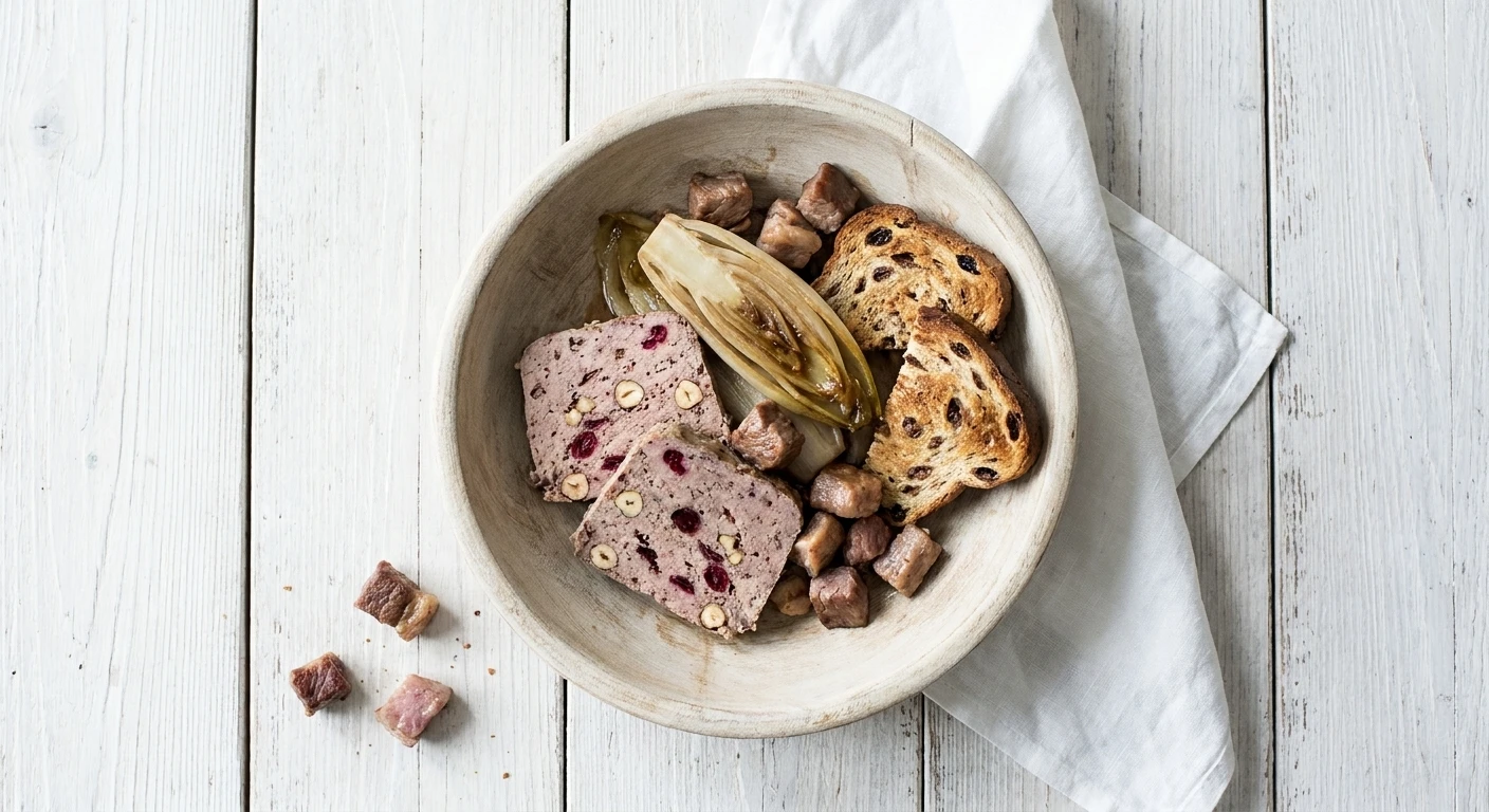 Wildpaté met veenbessen en hazelnoot, rozijnentoast en gekonfijt witloof