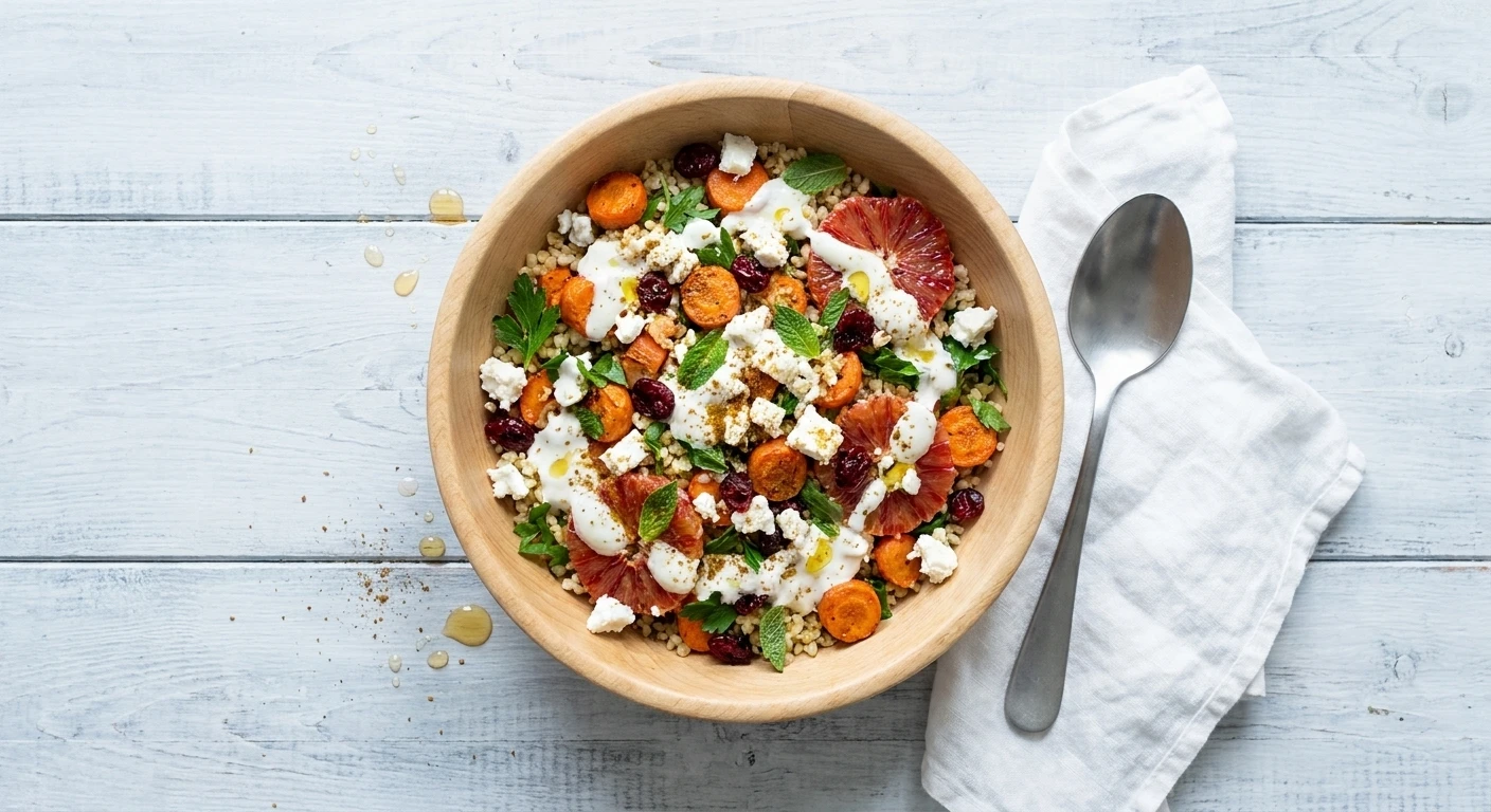 Winterse bulgursalade met bloedappelsien en fetayoghurt