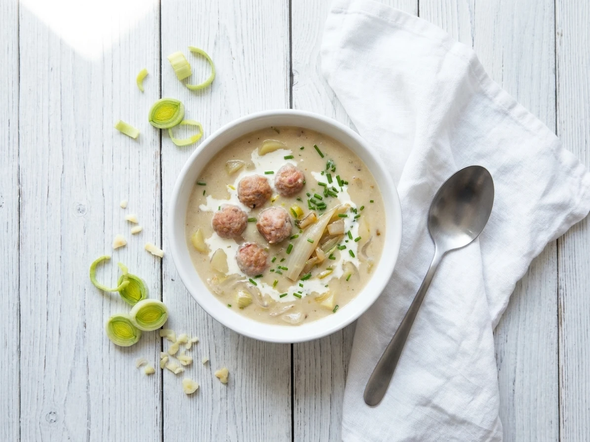 Witloofsoep met balletjes van gerookte ham en parmezaan