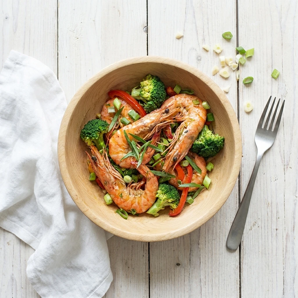 Wok met gamba's, broccoli en dragon