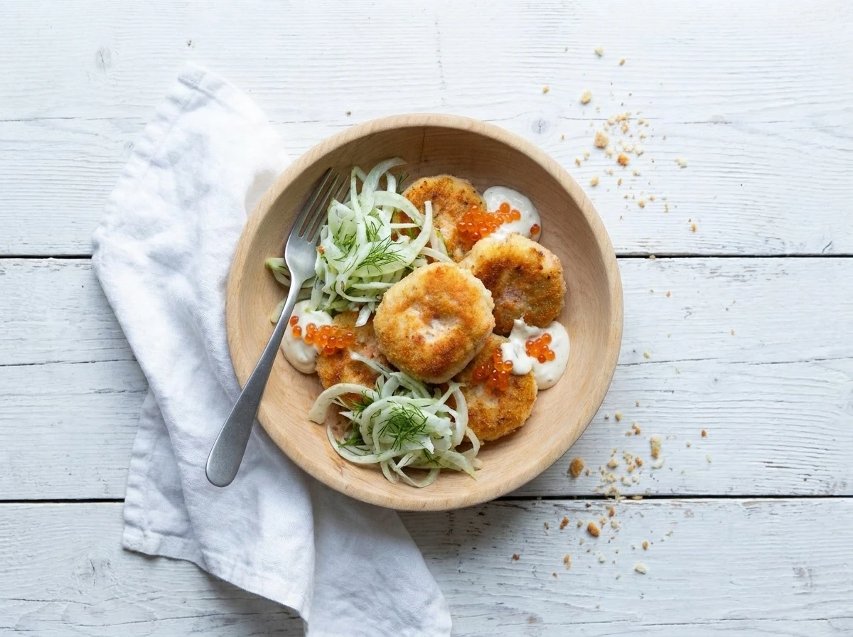 Zalmcakes met venkelsalade en aïoli