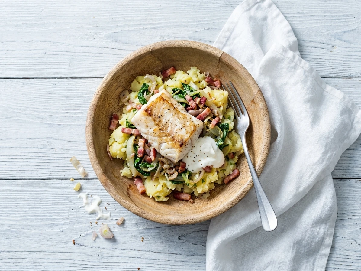 Zeeduivel en geplette aardappel met andijvie en bacon
